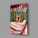 Yawning Cat in Bed Glass Wall Art