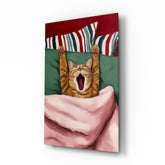 Yawning Cat in Bed Glass Wall Art