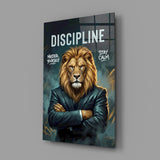 Discipline Lion in Suit Motivational Glass Wall Art