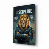 Discipline Lion in Suit Motivational Glass Wall Art