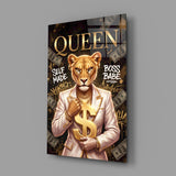 Queen Suited Lioness Gold Dollar Glass Wall Art
