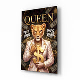 Queen Suited Lioness Gold Dollar Glass Wall Art
