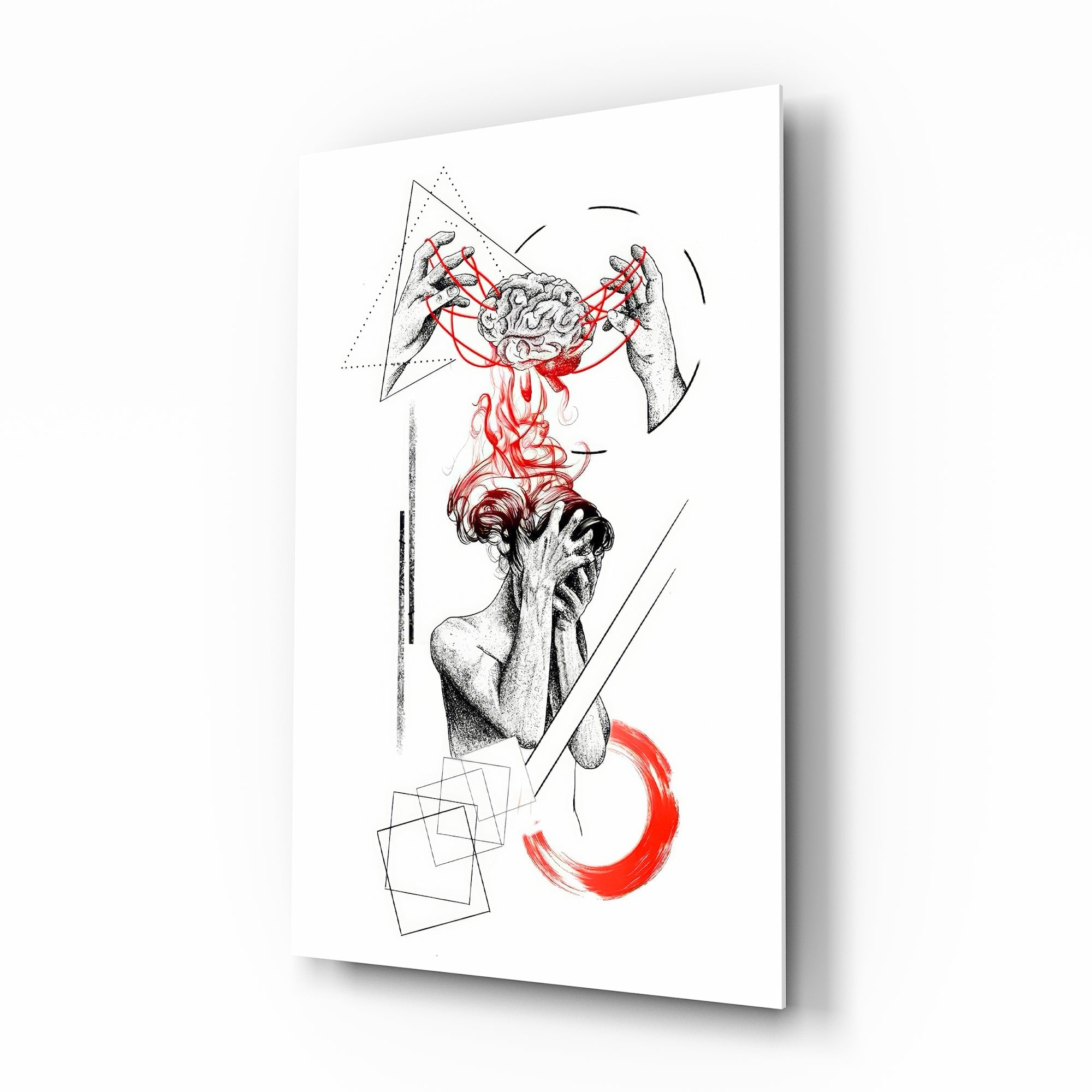 Overthinking Red Thread Brain Sketch Glass Wall Art