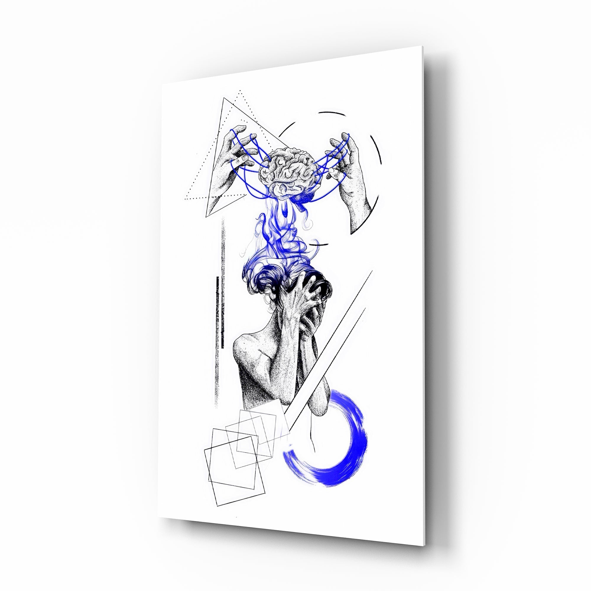 Overthinking Blue Thread Brain Sketch Glass Wall Art