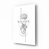 Balance Brain Over Heart White Line Art Glass Wall Art