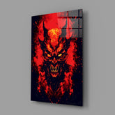 Burning Red Horned Demon Face Glass Wall Art