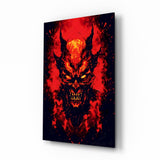 Burning Red Horned Demon Face Glass Wall Art