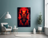 Burning Red Horned Demon Face Glass Wall Art