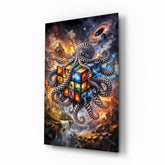 Checkered Octopus Cosmic Puzzle Cube Glass Wall Art