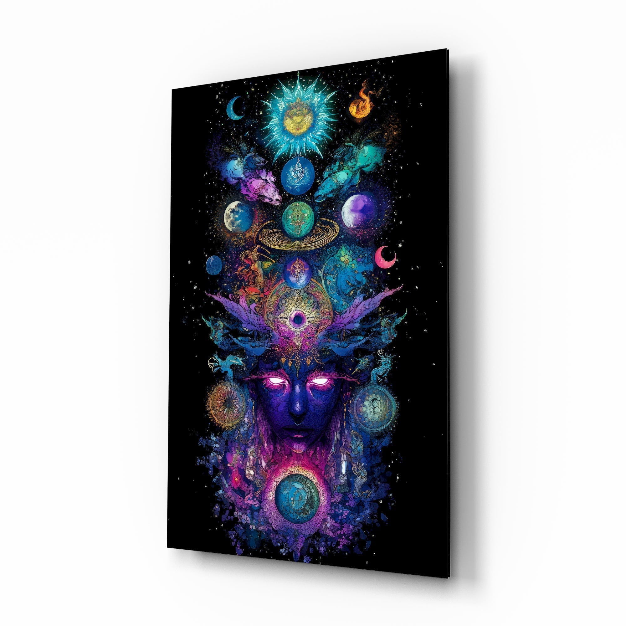 Cosmic Third Eye Deity Planets Glass Wall Art
