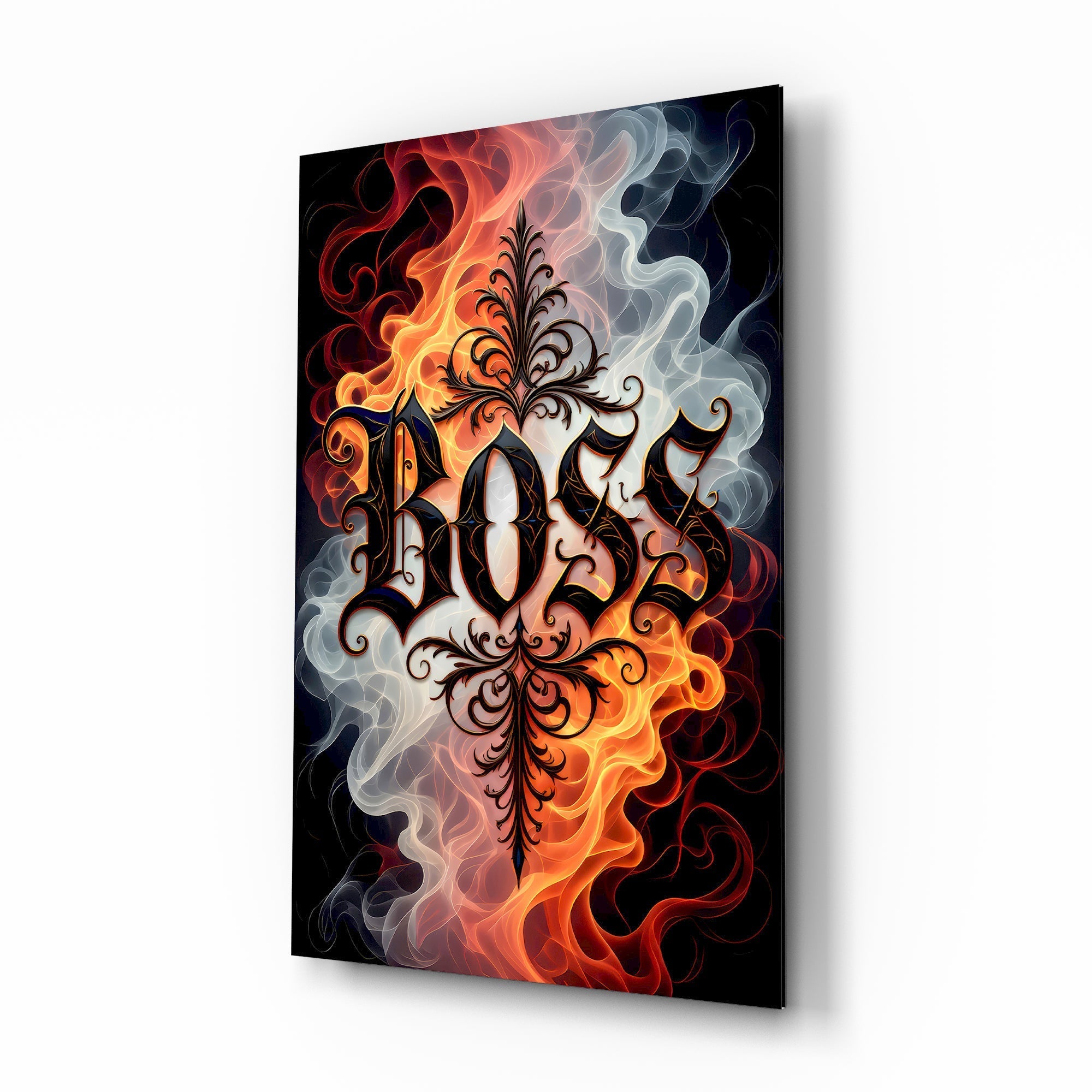 Boss Blackletter Fire and Smoke Glass Wall Art