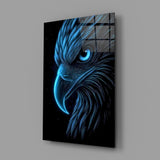Neon Blue Eagle Head on Black Glass Wall Art