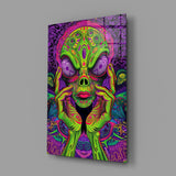 Neon Alien Face Psychedelic Mushroom Glass Wall Art