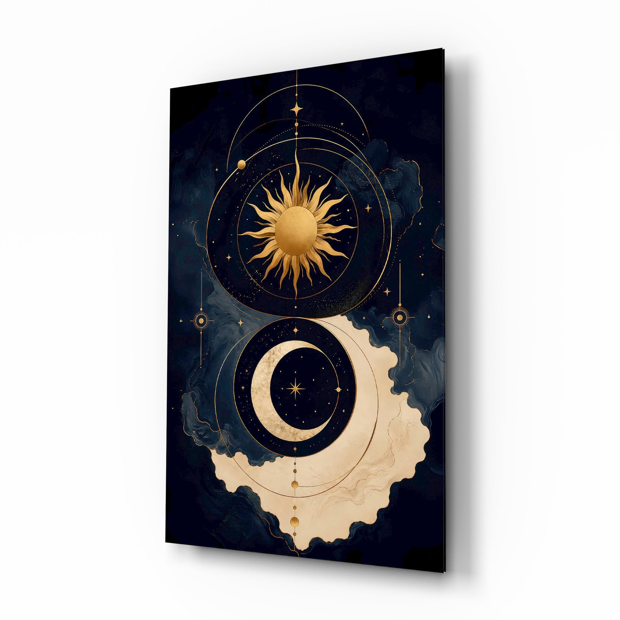 Navy and Gold Sun and Crescent Moon Glass Wall Art