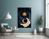 Navy and Gold Sun and Crescent Moon Glass Wall Art