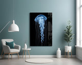 Blue Jellyfish on Black Deep Sea Glass Wall Art