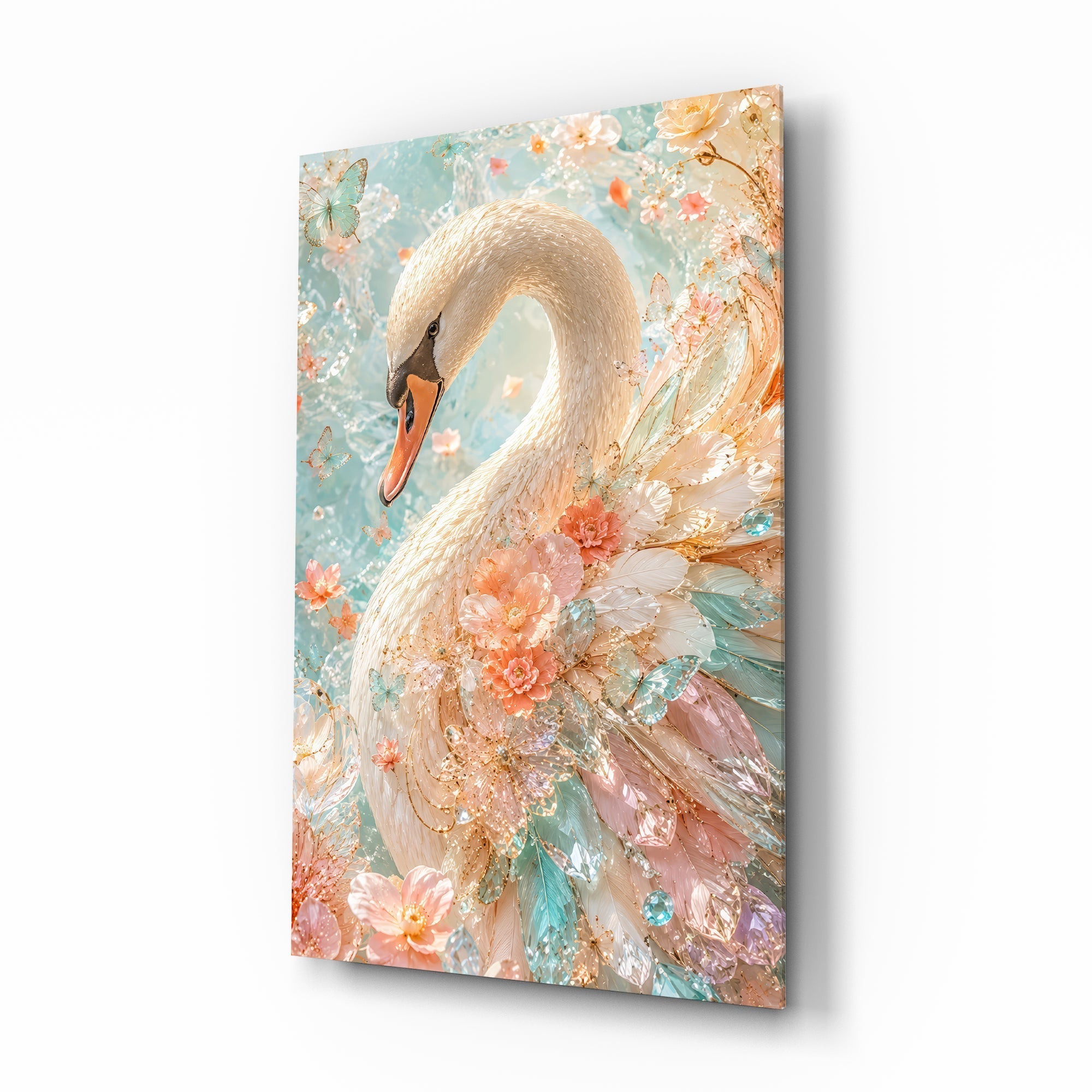 Peach and Mint Crystal Swan Glass Wall Art