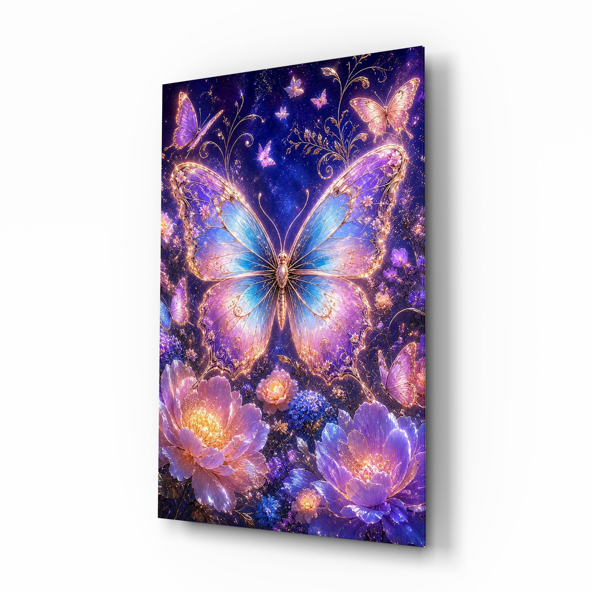 Gilded Butterfly Violet Night Garden Glass Wall Art
