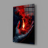 Red Candle in Cupped Hand Smoke Glass Wall Art