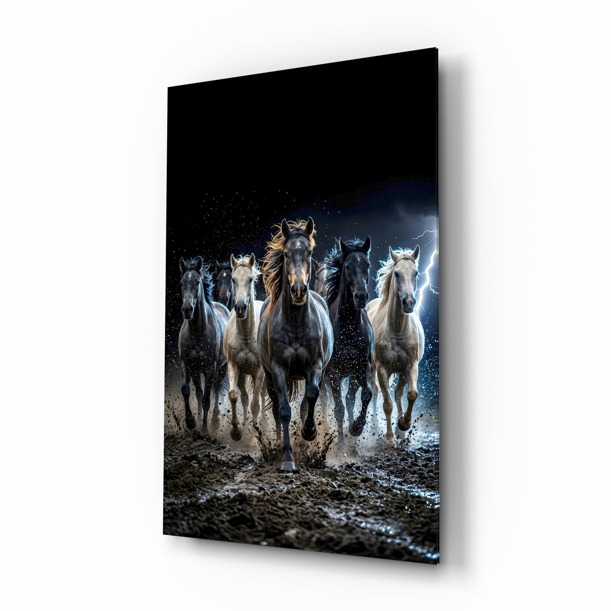 Galloping Horse Herd Lightning Storm Glass Wall Art