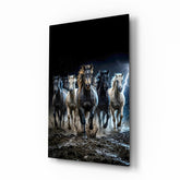 Galloping Horse Herd Lightning Storm Glass Wall Art