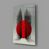 Crimson Sun Behind Bare Poplars Glass Wall Art