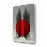 Crimson Sun Behind Bare Poplars Glass Wall Art