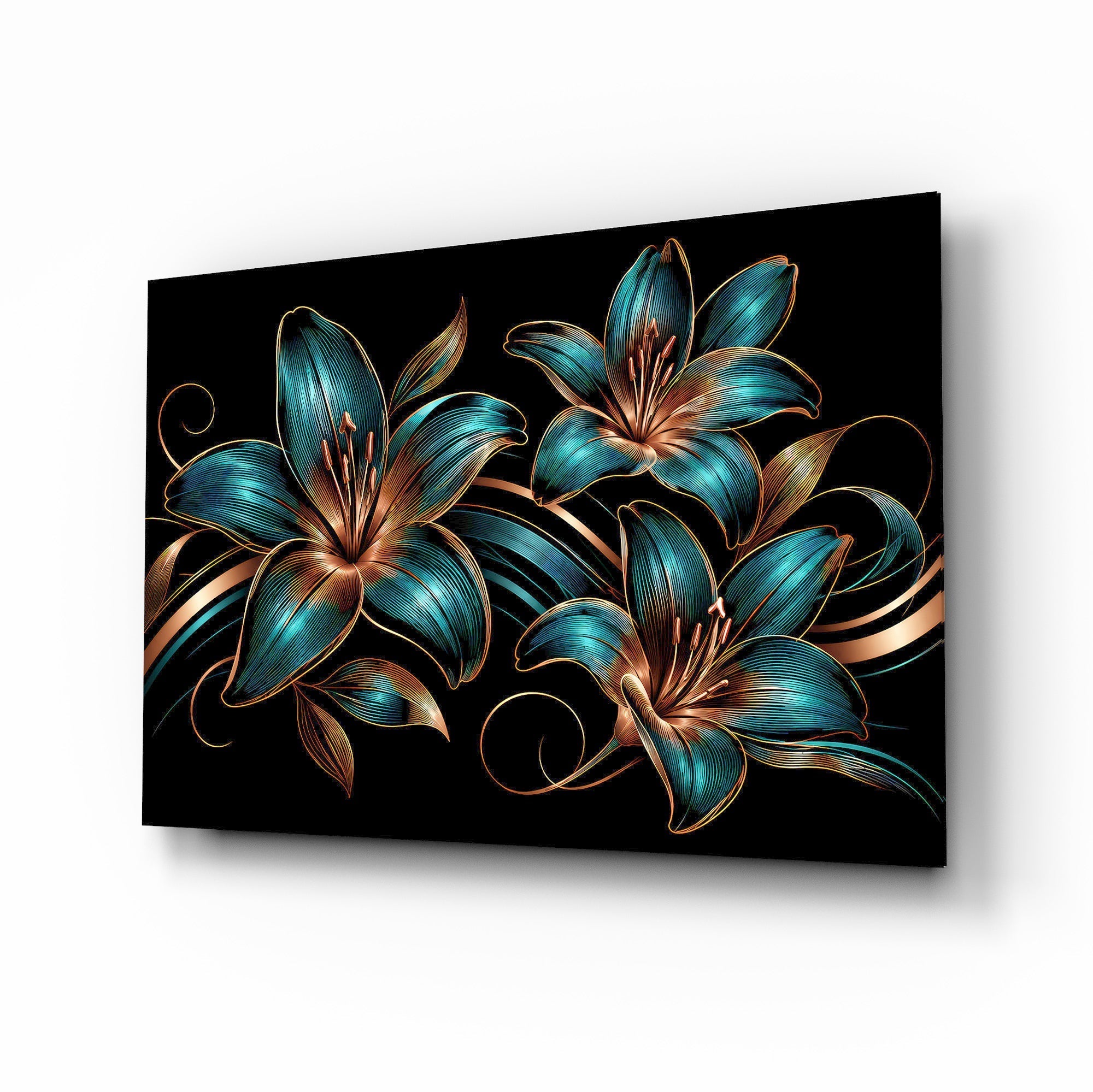Teal and Copper Lily Trio Glass Wall Art