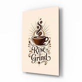 Steaming Coffee Cup Sunburst Typography Glass Wall Art