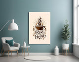 Steaming Coffee Cup Sunburst Typography Glass Wall Art