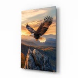 Soaring Bald Eagle Autumn Sunset Glass Wall Art
