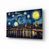 Swirling Starry Night City Skyline Glass Wall Art