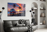 Retro Camper Van Beach Sunset Glass Wall Art