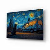 Starry Night Camper Van and Cat Glass Wall Art