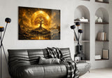 Golden Tree of Life Sun Disc Glass Wall Art