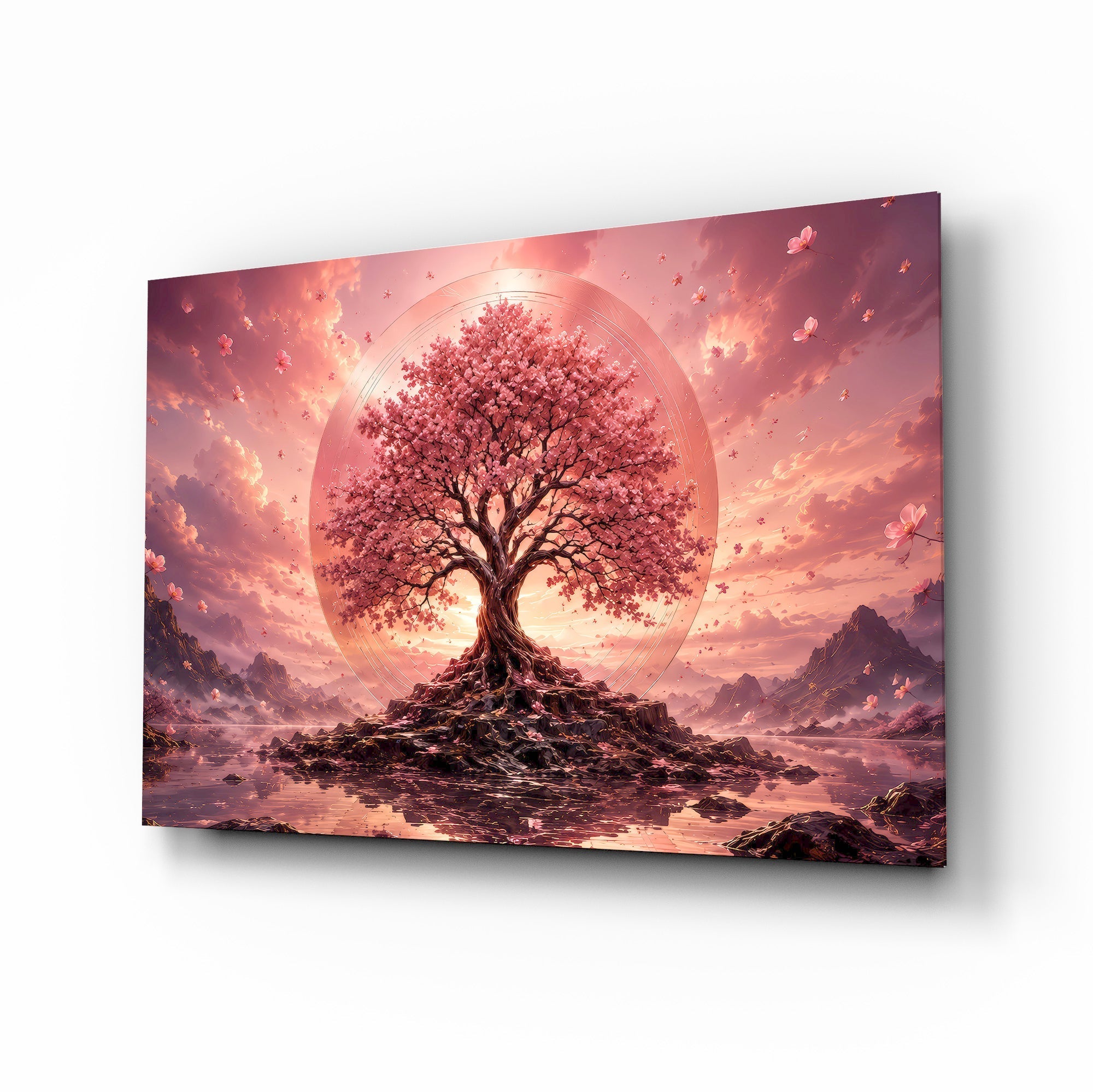 Pink Cherry Blossom Tree Sunset Glass Wall Art
