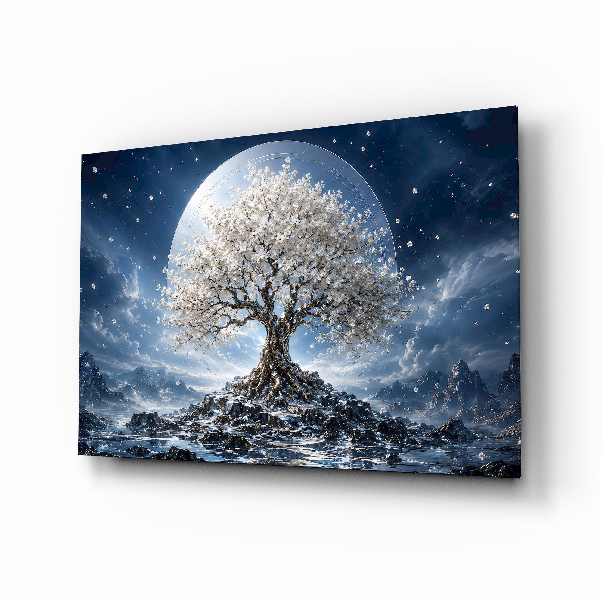 White Blossom Tree Full Moon Glass Wall Art