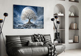 White Blossom Tree Full Moon Glass Wall Art