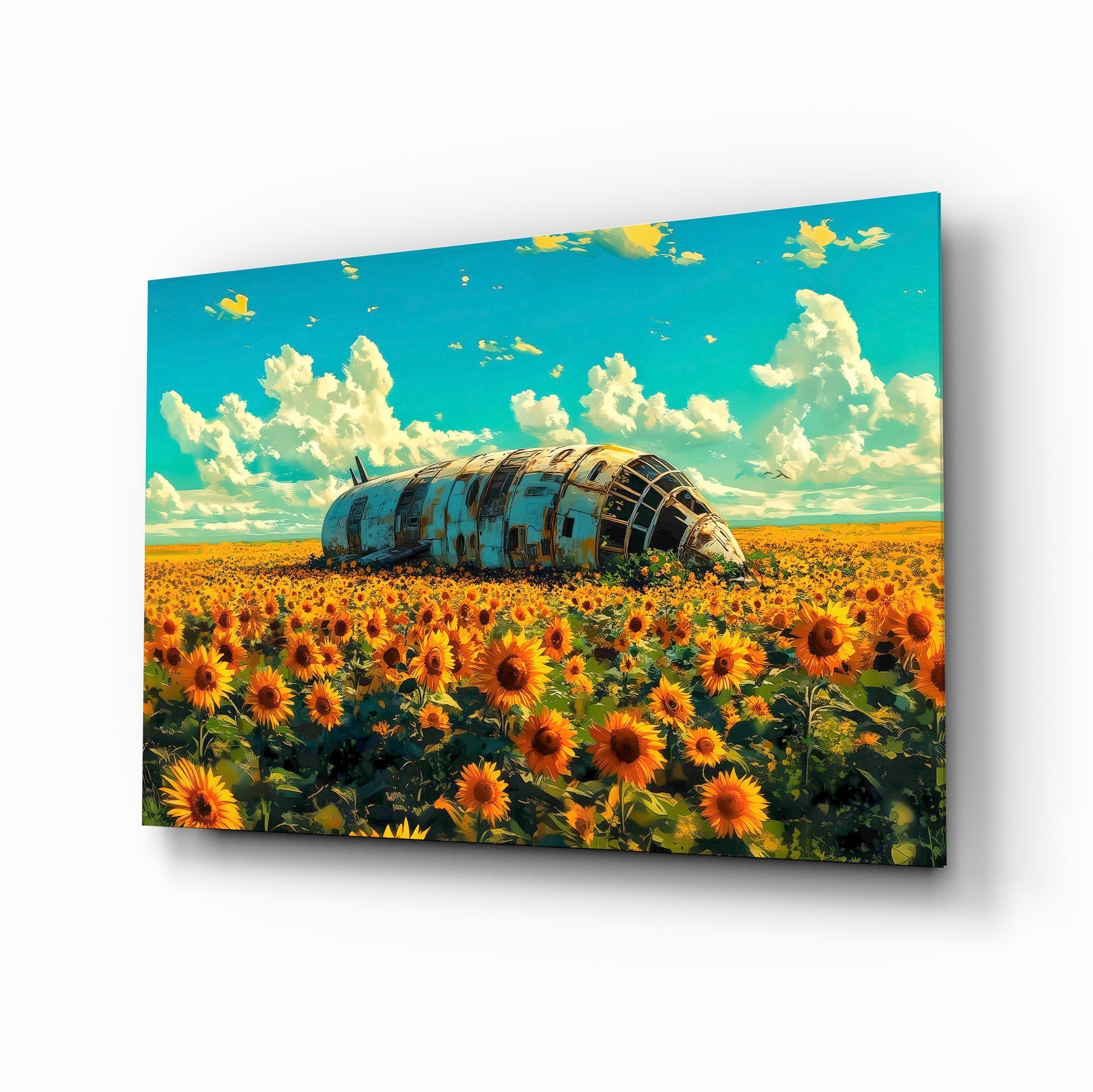 Derelict Airship in Sunflower Field Glass Wall Art