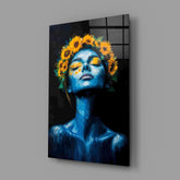 Blue Woman with Sunflower Crown Glass Wall Art