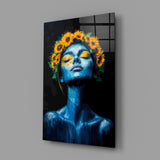Blue Woman with Sunflower Crown Glass Wall Art