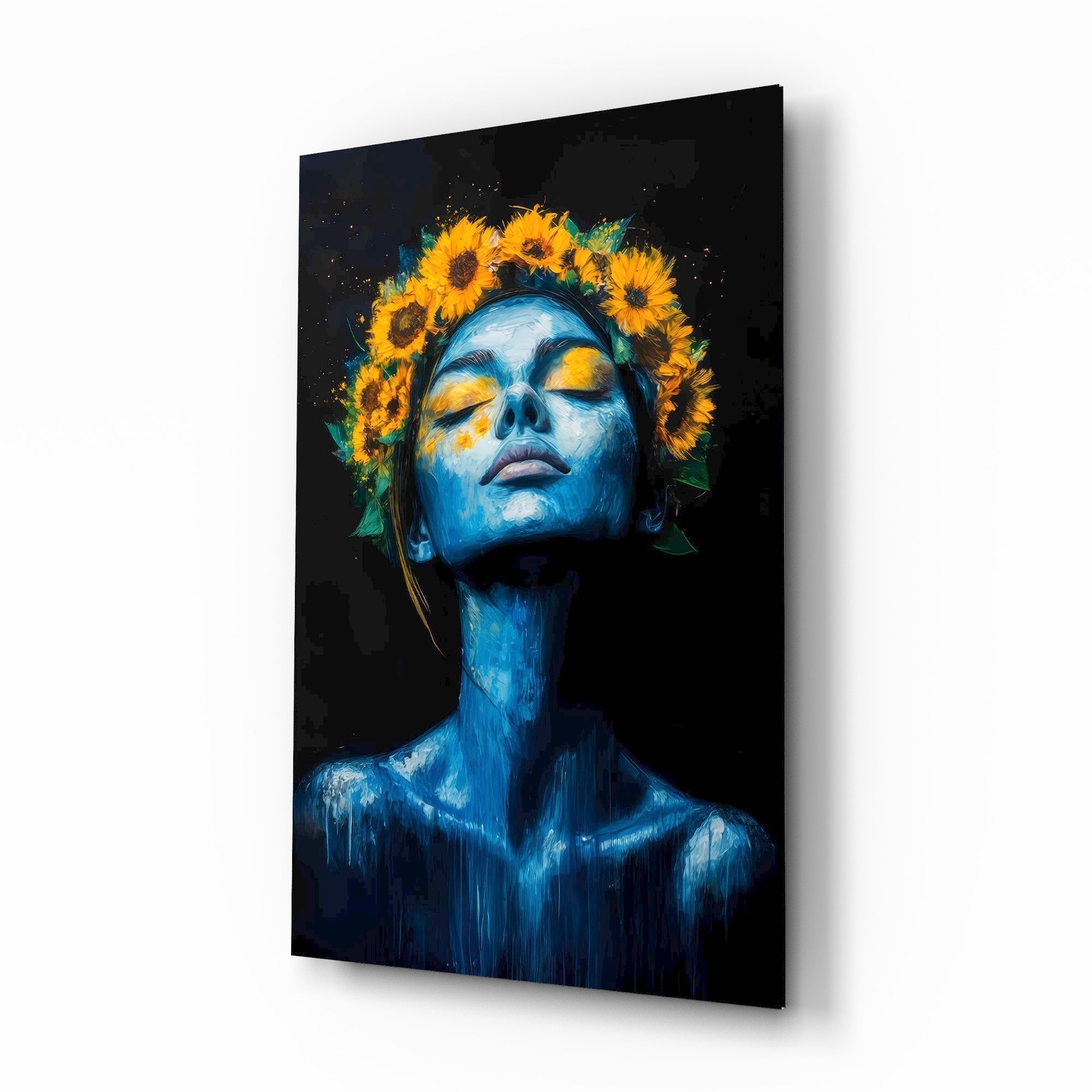 Blue Woman with Sunflower Crown Glass Wall Art