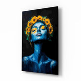 Blue Woman with Sunflower Crown Glass Wall Art
