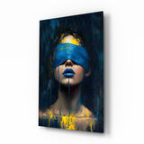 Blue Blindfold Dripping Portrait Glass Wall Art