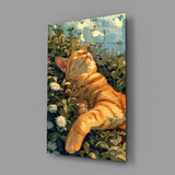 Ginger Cat Lounging in Wildflowers Glass Wall Art