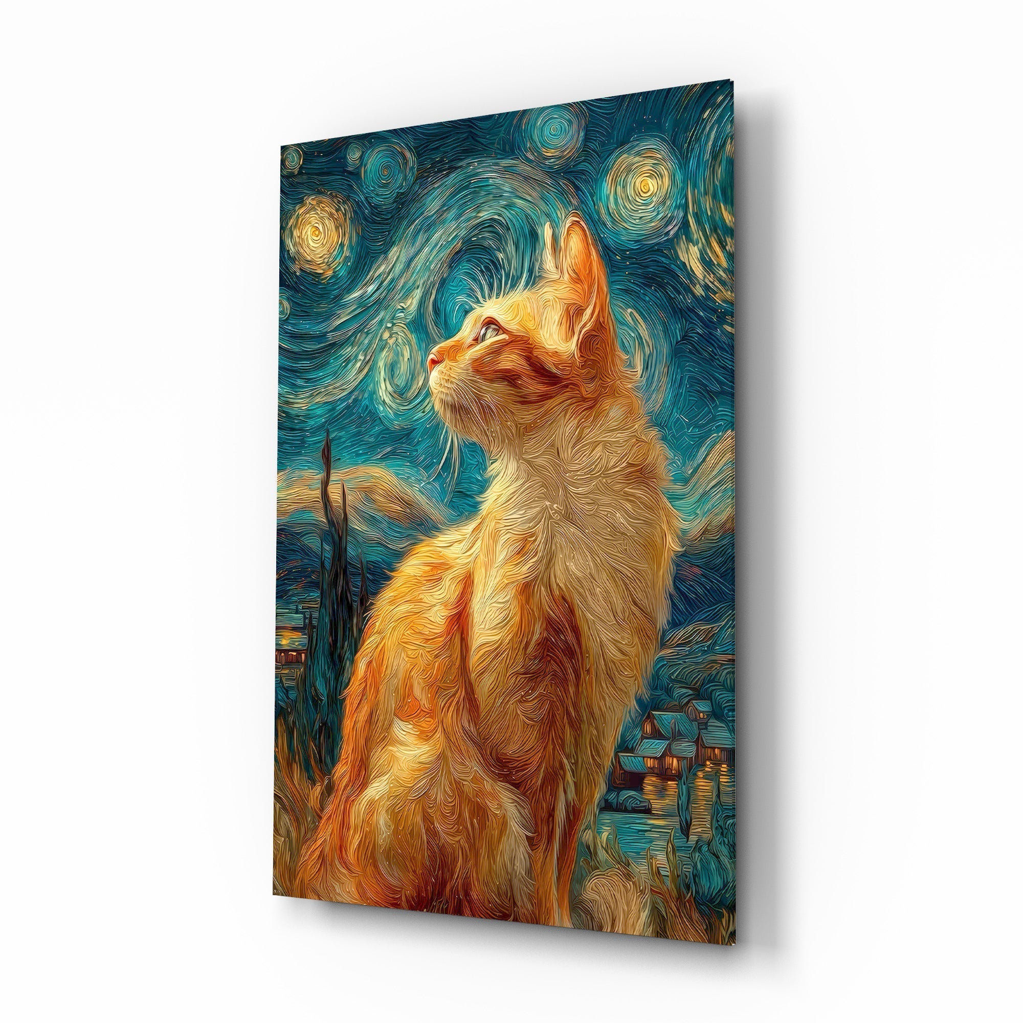 Swirling Starry Night Ginger Cat Glass Wall Art