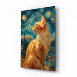 Swirling Starry Night Ginger Cat Glass Wall Art