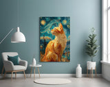 Swirling Starry Night Ginger Cat Glass Wall Art