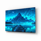 Moonlit Mountain Lake Dock Glass Wall Art