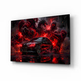 Black Sports Sedan and Red Demon Dragon Glass Wall Art